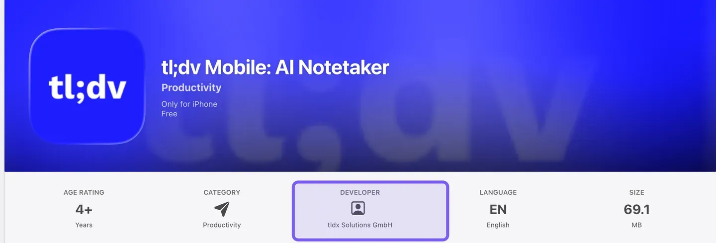 Шапка карточки мобильного приложения tl;dv в App Store: имя разработчика, категория, пометка про iPhone и размер приложения