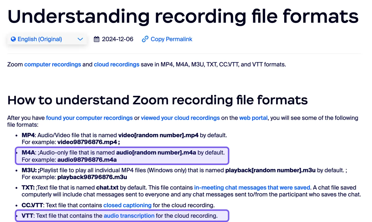 Страница справки Zoom «Understanding recording file formats»: список форматов одной записи, строки M4A и VTT выделены рамкой