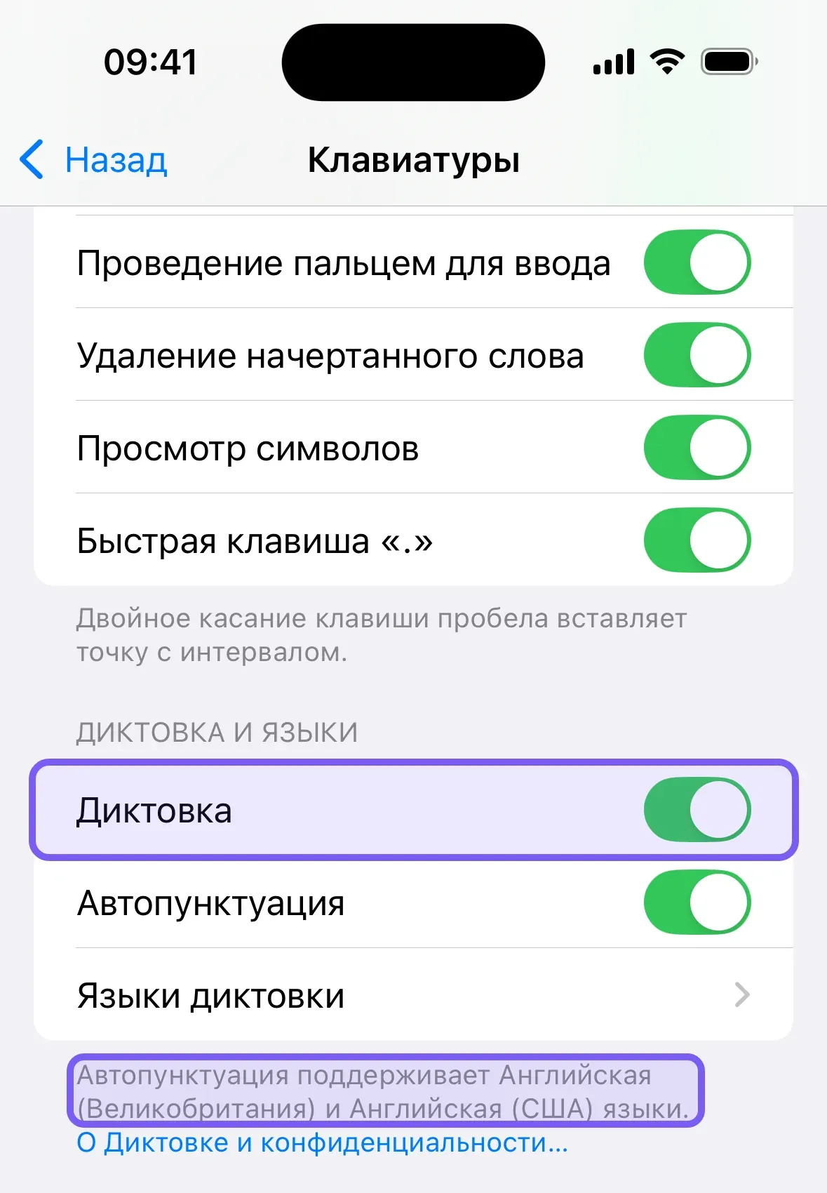 Настройки клавиатуры на iPhone: рамками отмечены включённый переключатель «Диктовка» и сноска о том, что автопунктуация поддерживает только английский; между ними — переключатель «Автопунктуация» и строка «Языки диктовки»