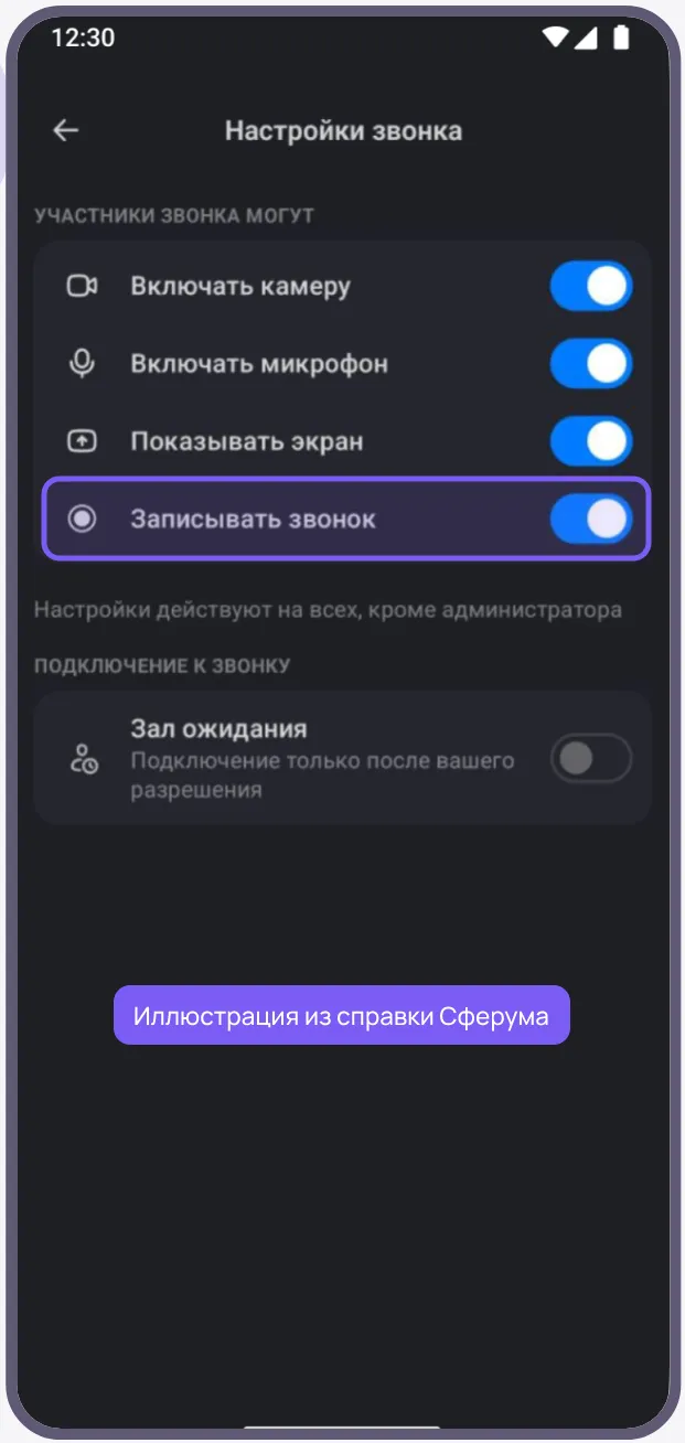 Макет экрана «Настройки звонка»: список «Участники звонка могут» с четырьмя включёнными переключателями, строка «Записывать звонок» в рамке, ниже выключенный «Зал ожидания»