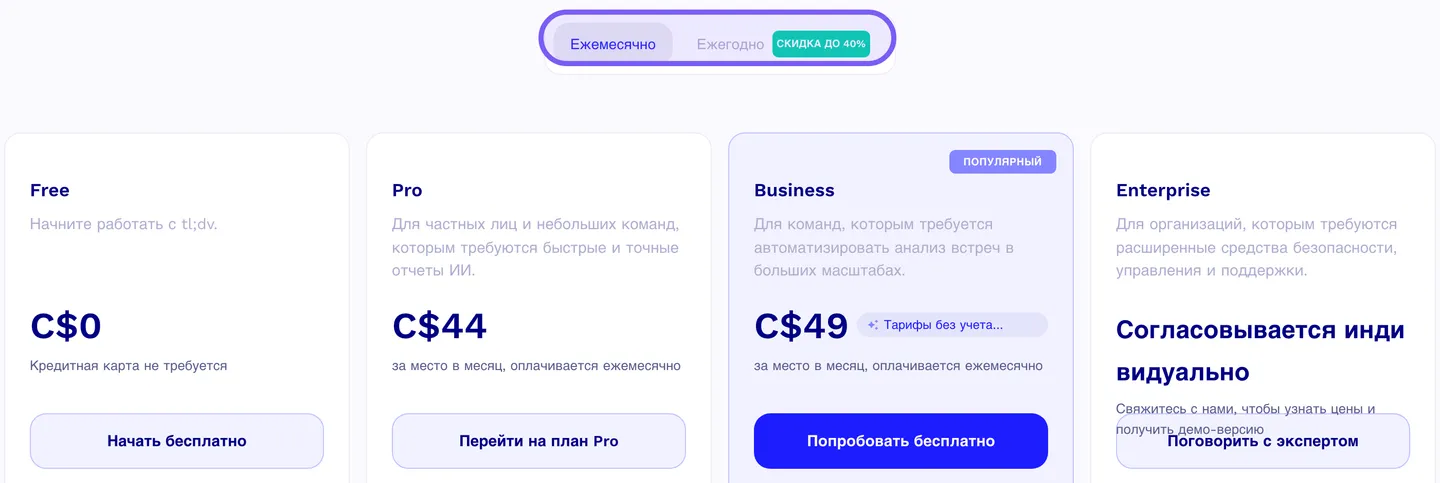 Четыре карточки тарифов на сайте tl;dv с ценами в канадских долларах и переключателем периода оплаты