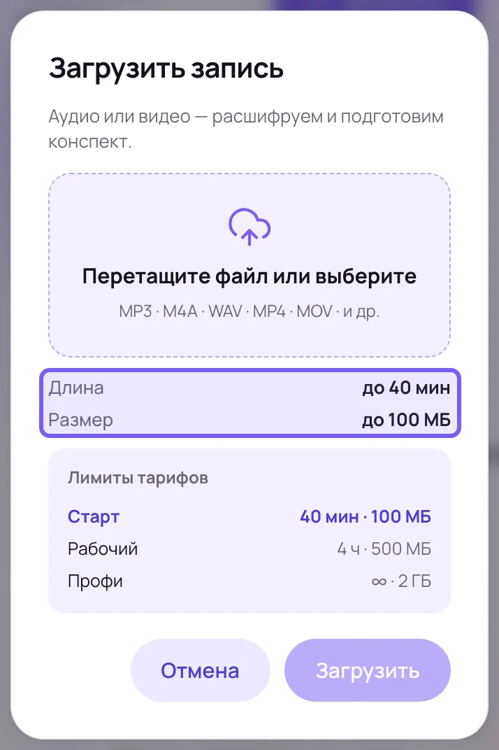 Окно «Загрузить запись» в веб-кабинете Сонара на узком экране: область выбора файла с перечнем форматов, строки «Длина до 40 мин» и «Размер до 100 МБ», блок «Лимиты тарифов» и кнопки «Отмена» и «Загрузить»