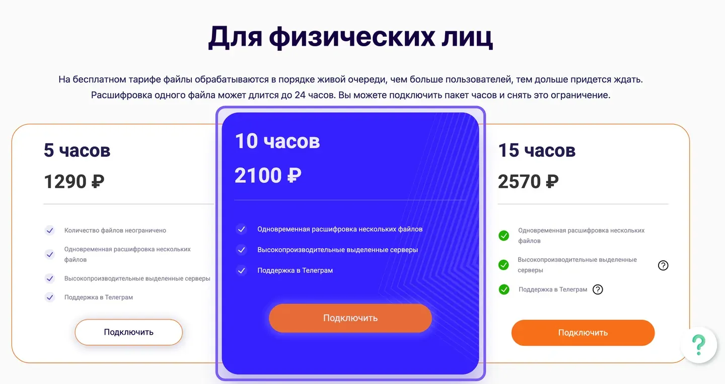 Три карточки пакетов часов на странице тарифов «Писца» с ценами в рублях