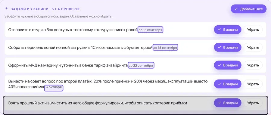 Вкладка с черновыми задачами в браузере: список из пяти предложенных пунктов, рядом с четырьмя стоит дата, у каждого пункта — кнопки «В задачи» и «Убрать»