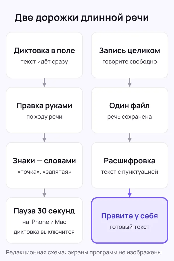 Слева цепочка диктовки в поле: текст идёт сразу, правка руками по ходу речи, знаки словами, пауза в 30 секунд выключает диктовку на iPhone и Mac. Справа цепочка записи: говорите свободно, файл, расшифровка, правка готового текста